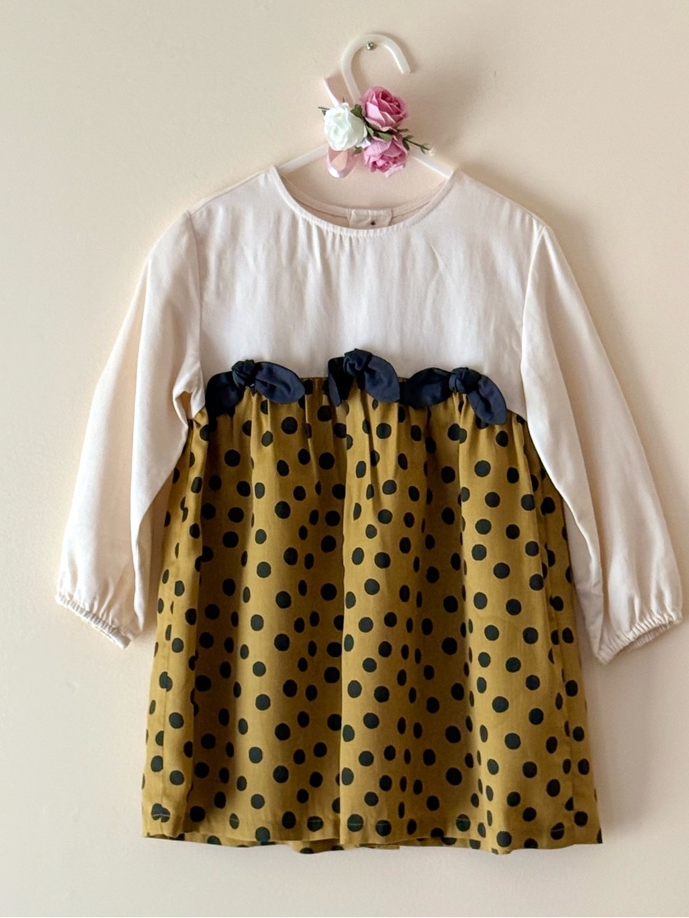 Zara Toddler Girls Cream and Mustard Polka Dot Dress with Bows, Size 3/4 yrs